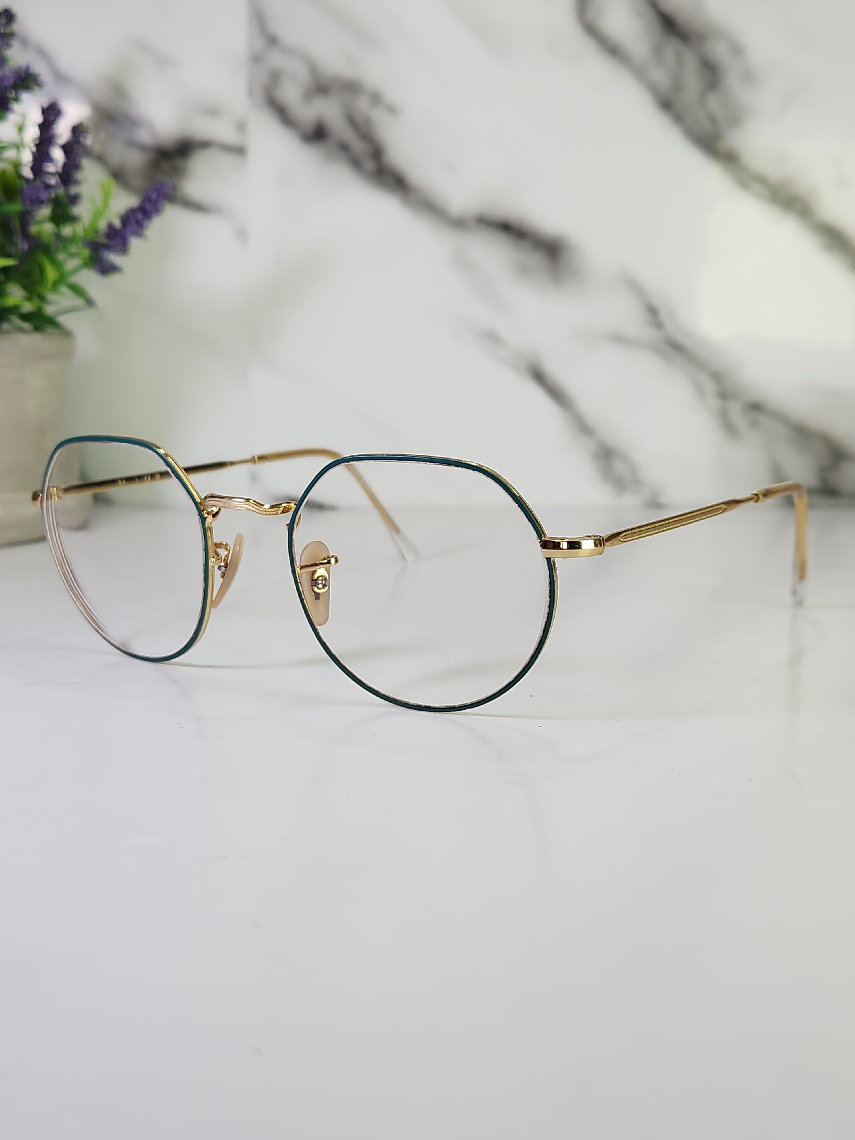 Rayban Jack Eyeglasses Rb 6465. Gold Wireframe Round Glasses With Dark Green Rim